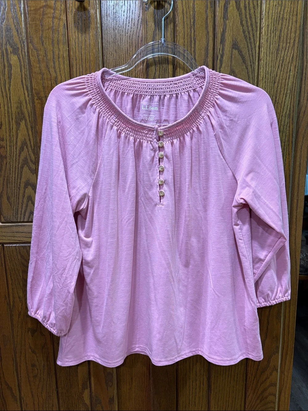 L.L. Bean Light Pink Smocked-Neck Henley Top
